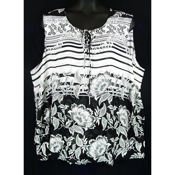 NEW Avenue 30/32 Floral Striped Layered Tank Top Black & White - Picture 1 of 16